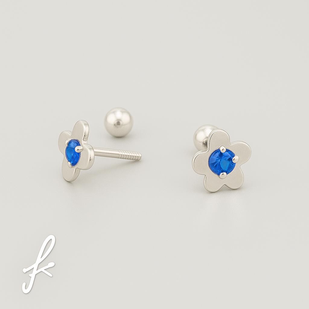 Boucles D'Oreilles Fleur Bleue Et Cristaux - Plaqué Argent Sterling - Modèle E999 - Neuf Sans Emballage